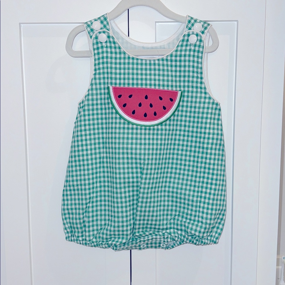 Lil Cactus Green/White Gingham Watermelon Appliqué Bubble 2T NWT